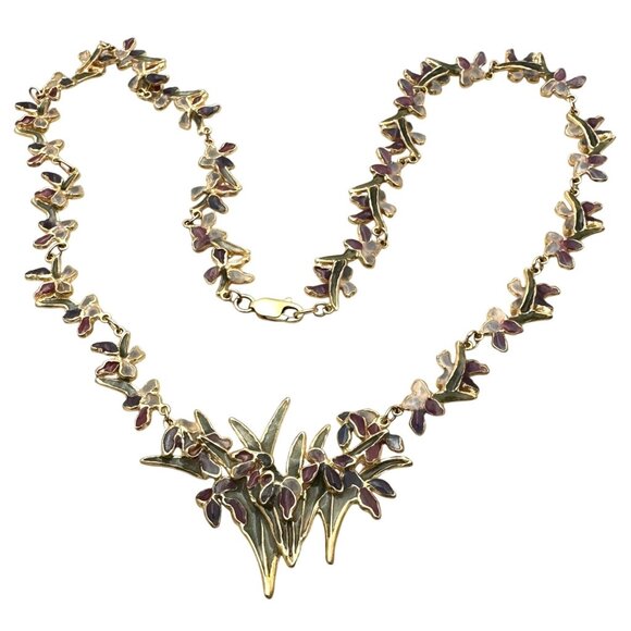 Rare Vintage 14K Yellow Gold Plique a  Jour Necklace Flower Design 22 Grams - Picture 3 of 11